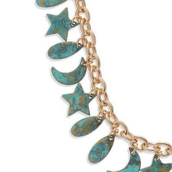 NWT Gorgeous Robert Lee Morris Soho Gold & Blue Celestial Patina Charm Necklace - Picture 4 of 7